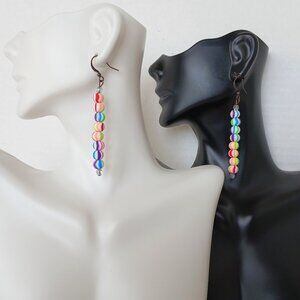 Handmade Rainbow Earrings With Striped Round Polymer Beads on Aged Copper Hooks